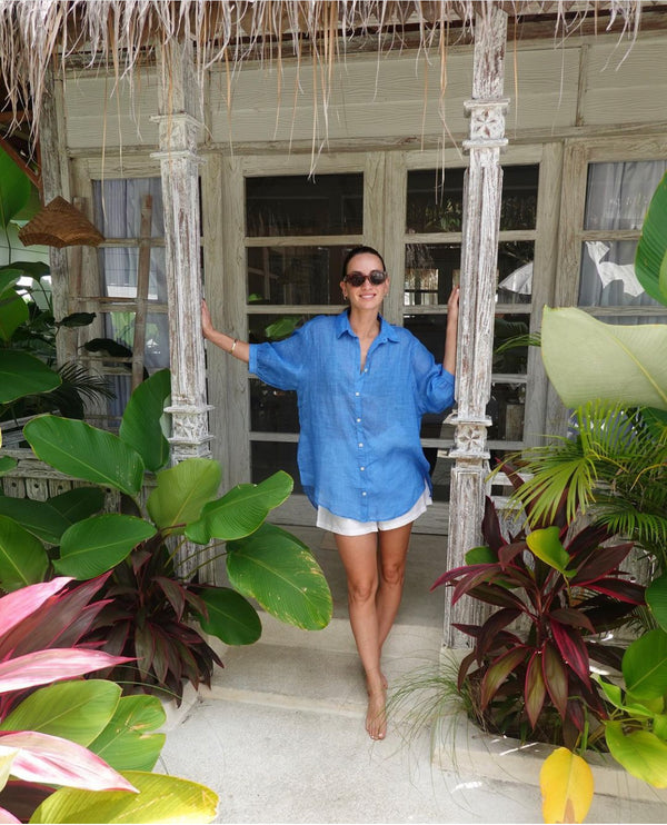 Athena Long Sheer Linen Top - Blue