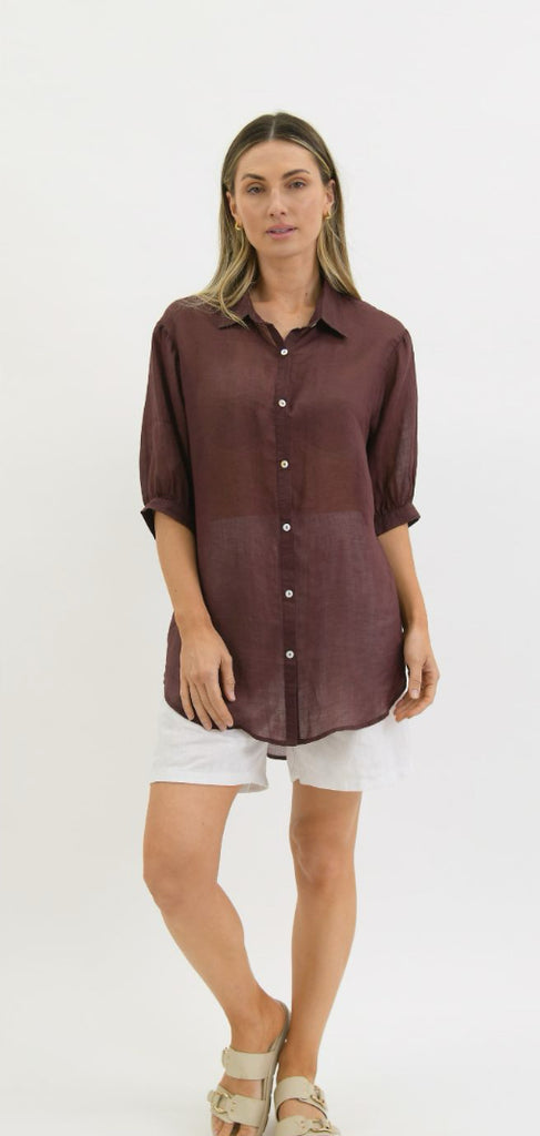 Athena Long Sheer Linen Top - Chocolate