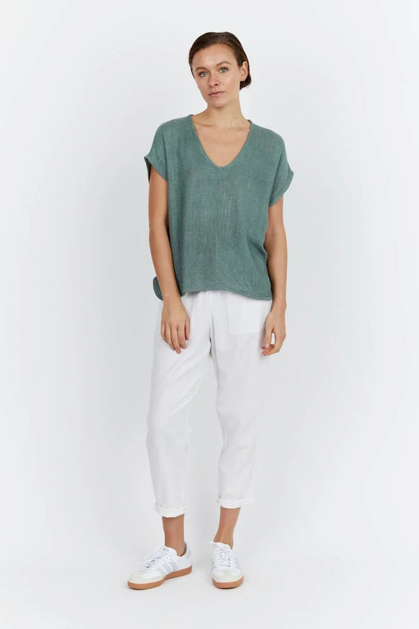 Paris V Neck Hessian Top - Seafoam Green