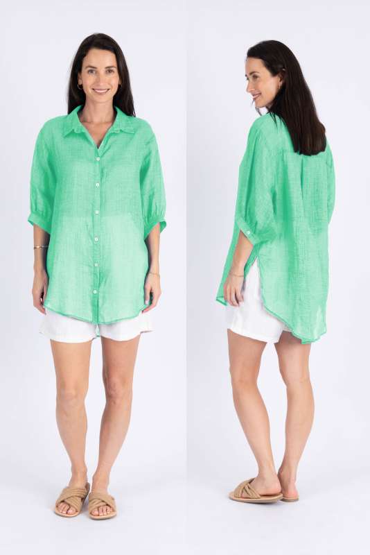 Athena Long Sheer Linen Top - Spring Green