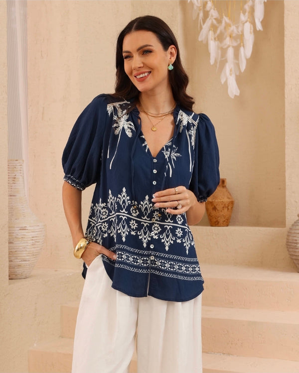 Palm Print Top (Navy)