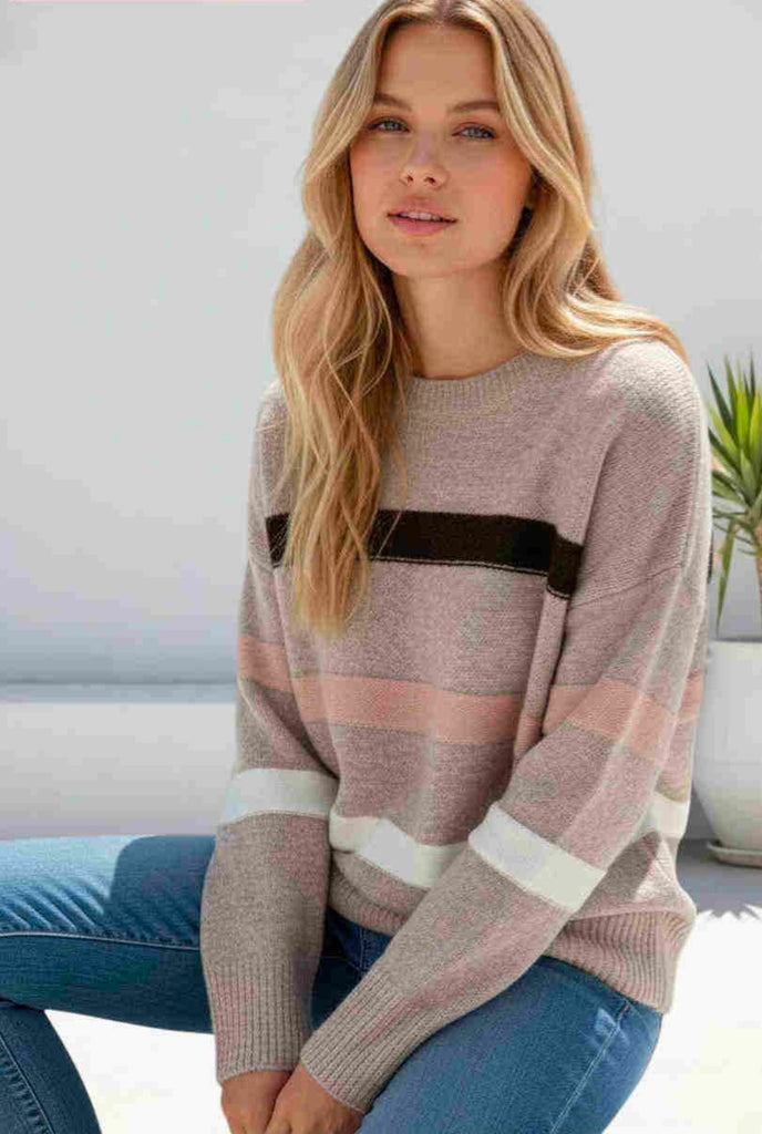 Sammy Stripe Knit Jumper (Natural, Chocolate, Pink)