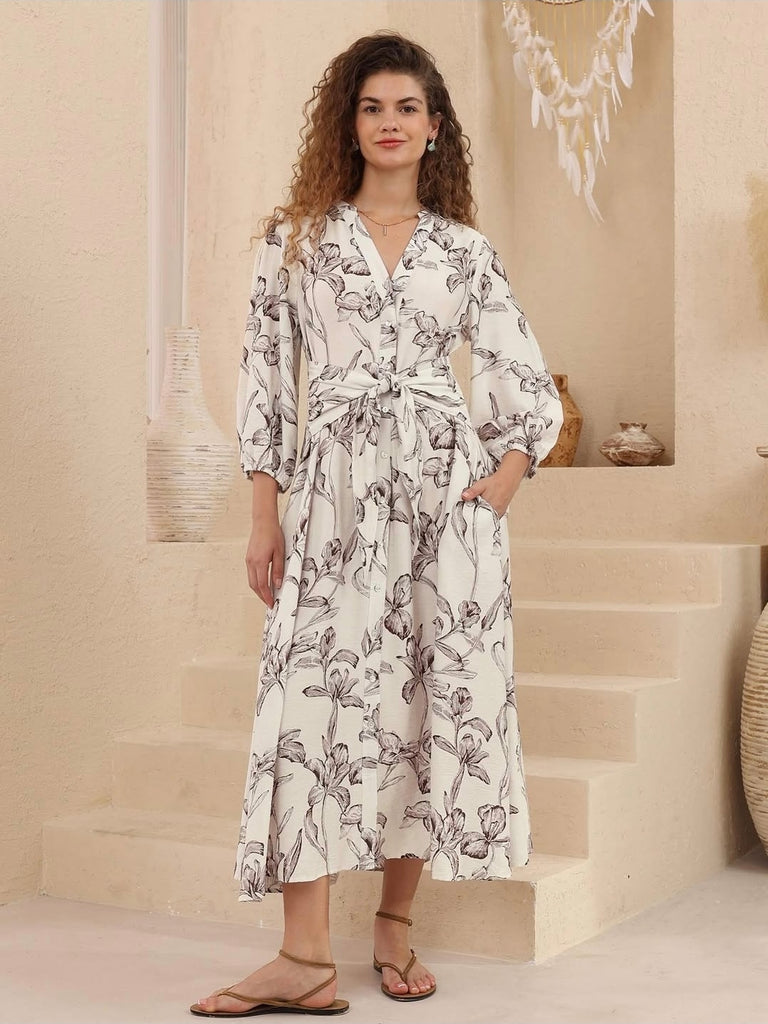 Cabana Dress - Beige with Brown Print