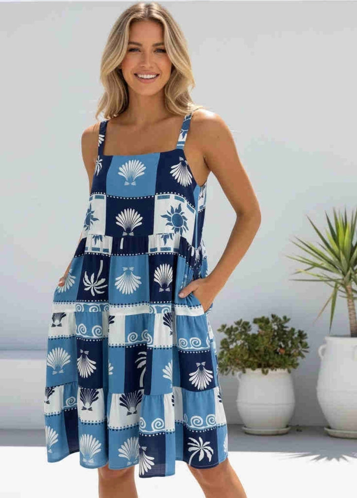 Palm Print Sun Dress - Navy/Blue