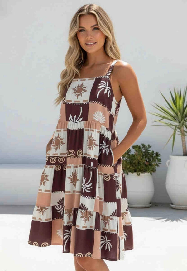 Palm Print Sun Dress - Brown/Cream