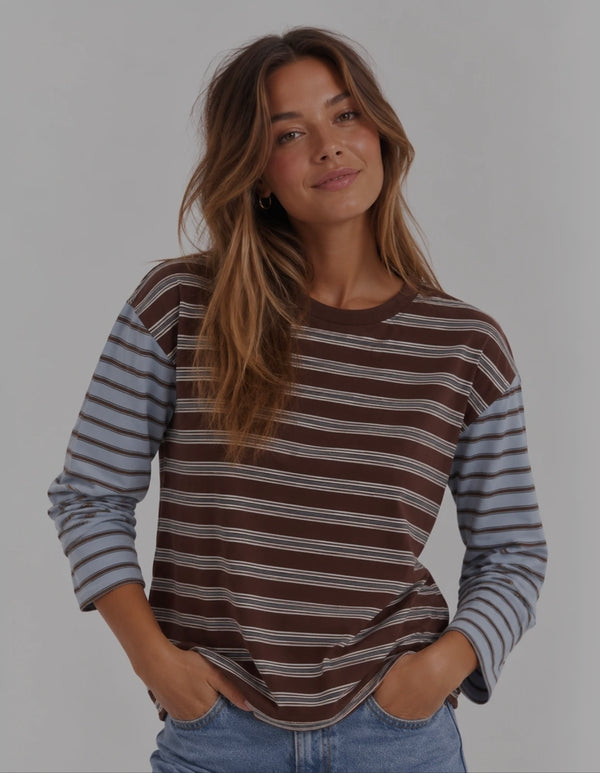 Mash up Long Sleeve Striped Tee - Chocolate/Blue
