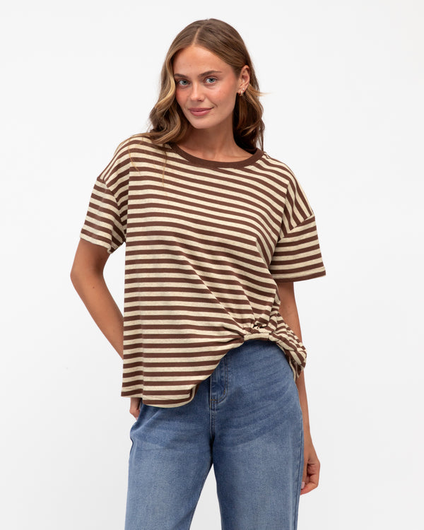 Easy Tuck Tee (Chocolate and Beige Stripe)