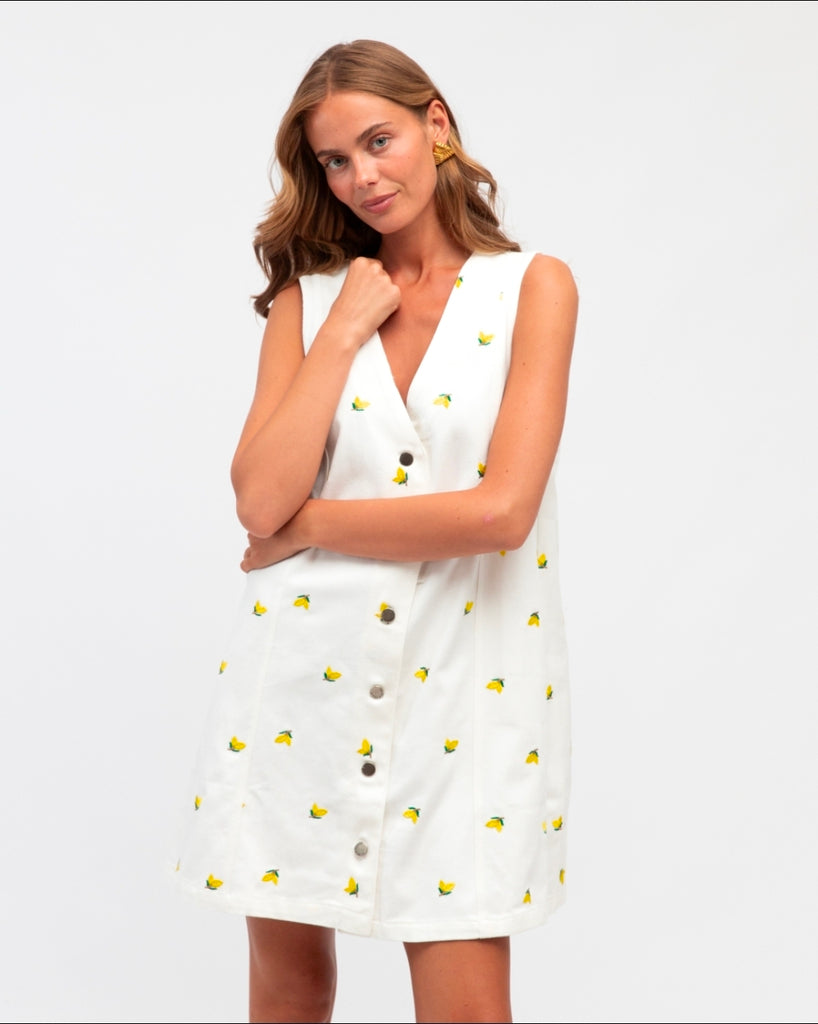 Lemon Denim Dress - Lemon Embroidered Detail