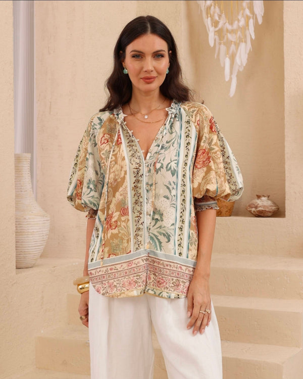 Kris Top  (Beige and Green Print)