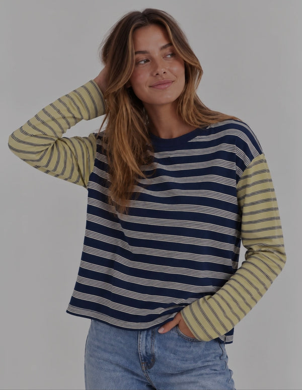 Mash Up Long Sleeve Striped Tee - Blue/Green