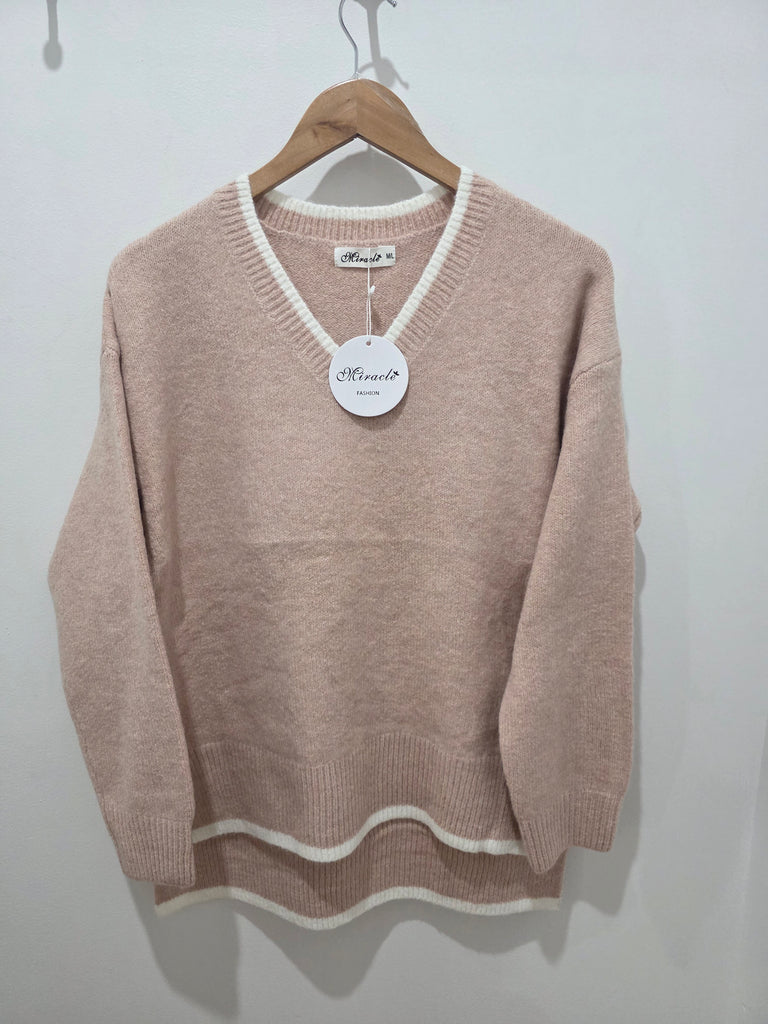 V Neck Knit Jumper (Dusty Pink)