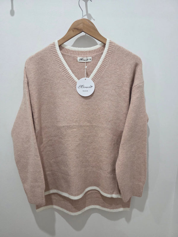 V Neck Knit Jumper (Dusty Pink)