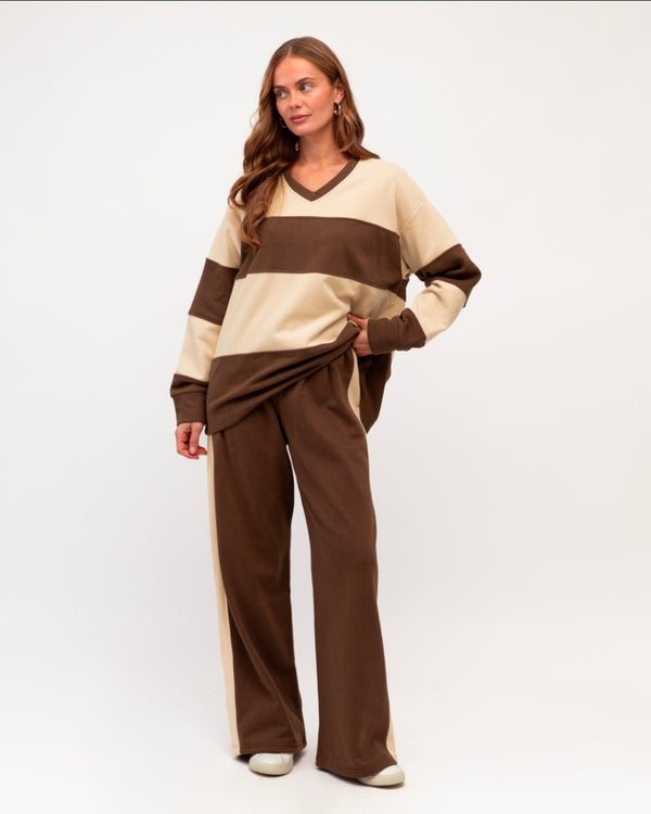 Josie Striped V Neck Sweater (Chocolate/Cream)