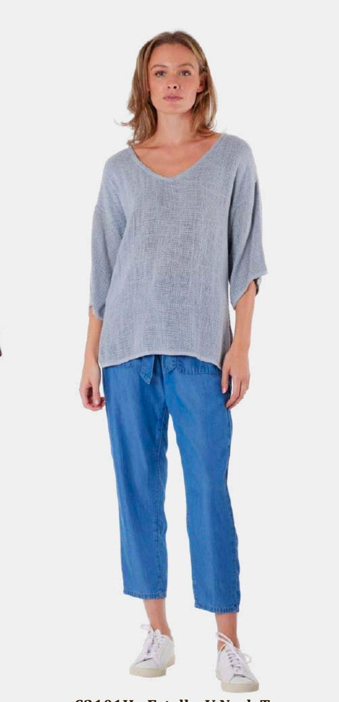 Estelle Hessian V Neck Top (Storm Blue)
