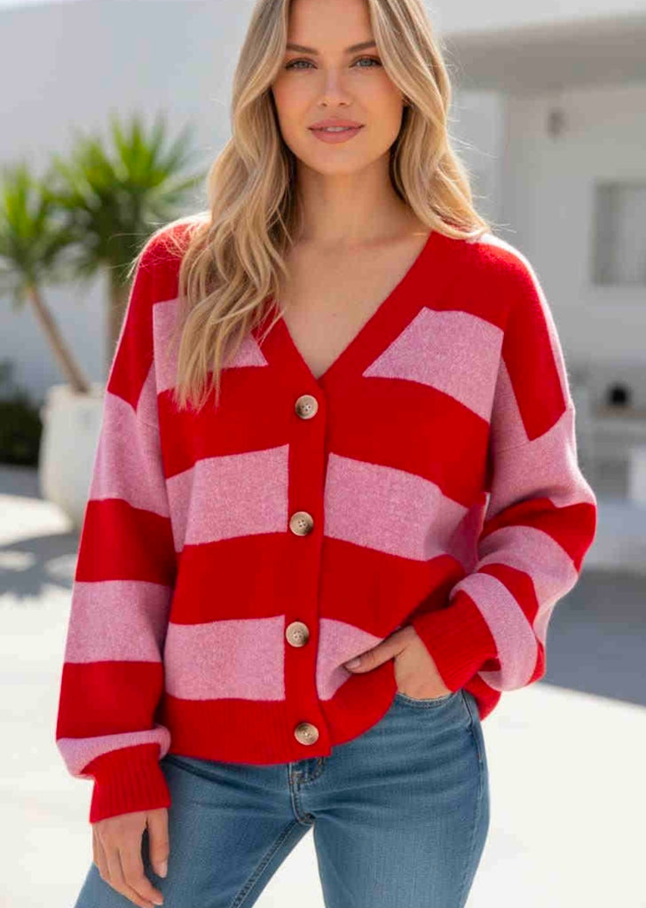 Page Stripe Knit Cardi (Pink/Red)