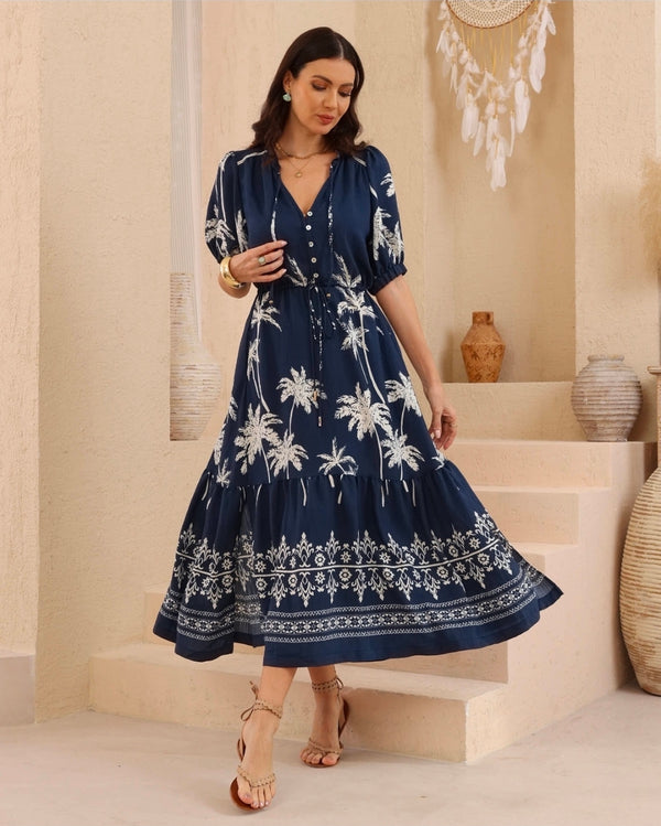 Palm Print Maxi Dress (Navy)