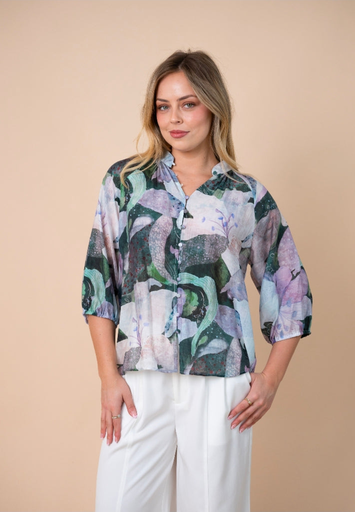 Orchid Top - Floral Green and Lilac Print