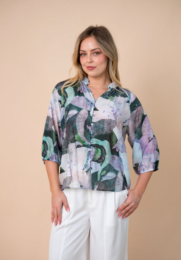 Orchid Top - Floral Green and Lilac Print