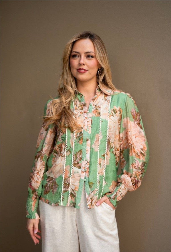 Dahlia Lace Trim Top (Green Print)