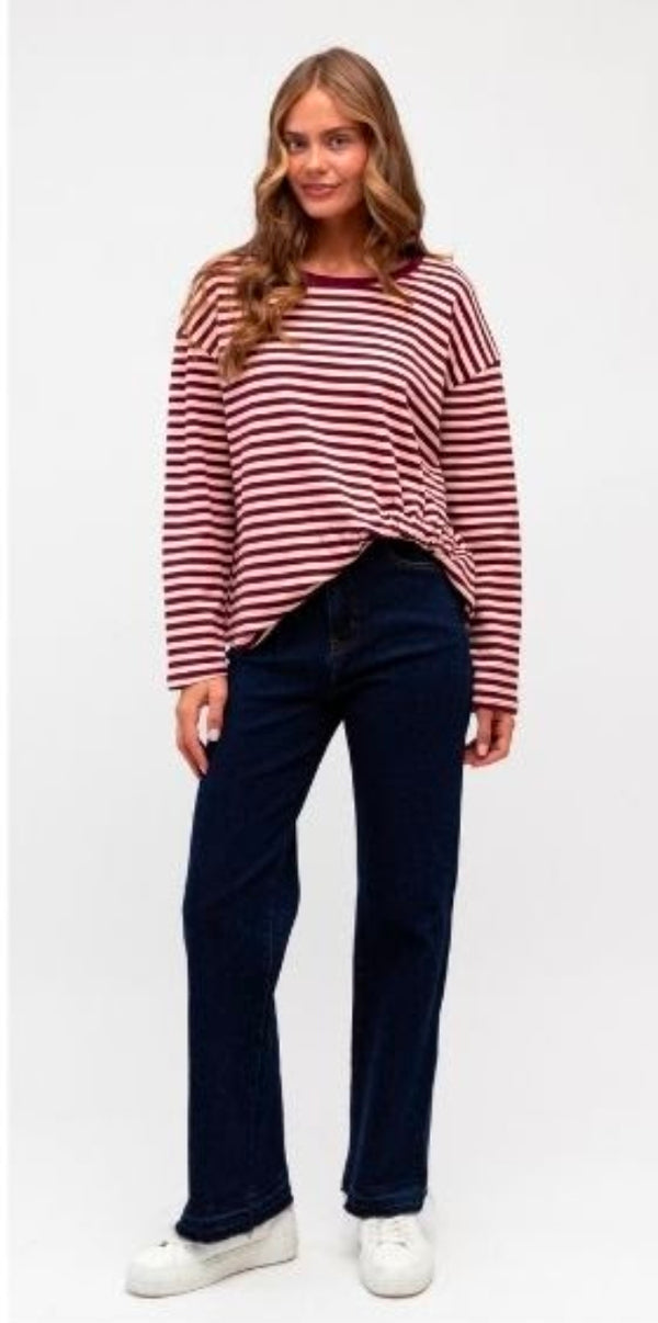 Easy Tuck Long Sleeve Top (Burgundy/Pink Stripe)