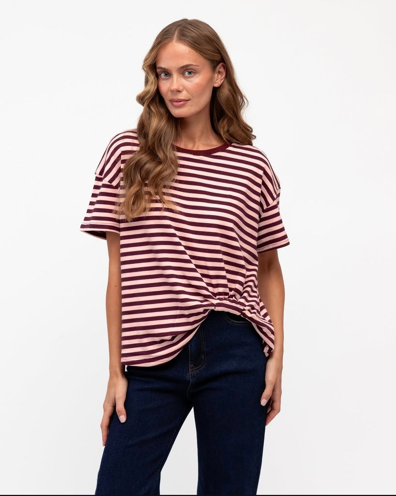 Easy Tuck Tee (Burgundy/Pink Stripe)