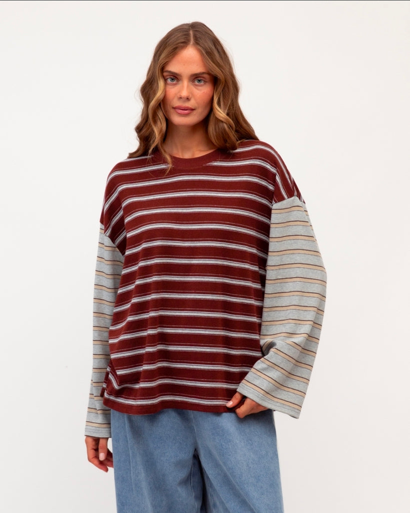 Erin Duo Stripe Tee (Wine/Grey)